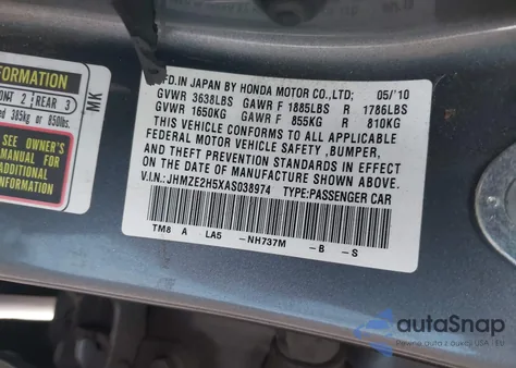 2010 Honda Insight Lx z USA, uszkodzony, nr VIN JHMZE2H5XAS038974